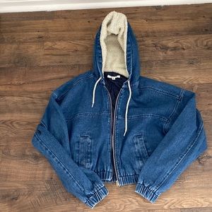 PAC Sun cropped denim bomber jacket with Sherpa lined hood